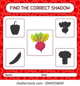 Find the correct shadows game with beet root. worksheet for preschool kids, kids activity sheet