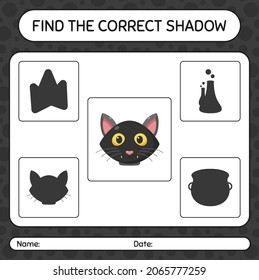 Encuentra el juego de sombras correcto con gato negro. hoja de trabajo para niños de preescolar, hoja de actividades para niños