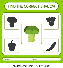 Find the correct shadows game with broccoli. worksheet for preschool kids, kids activity sheet