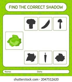 Find the correct shadows game with cabbage. worksheet for preschool kids, kids activity sheet
