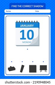 Find the correct shadows game with calendar. worksheet for preschool kids, kids activity sheet