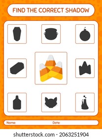 Find the correct shadows game with candy corn. worksheet for preschool kids, kids activity sheet