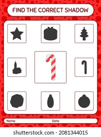 Find the correct shadows game with candy cane. worksheet for preschool kids, kids activity sheet