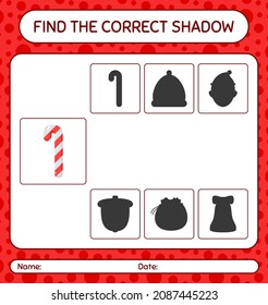 Find the correct shadows game with candy cane. worksheet for preschool kids, kids activity sheet