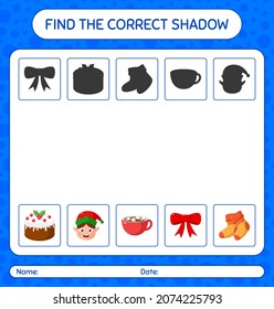 Find the correct shadows game with christmas icon. worksheet for preschool kids, kids activity sheet