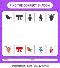 Find the correct shadows game with christmas icon. worksheet for preschool kids, kids activity sheet