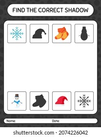 Find the correct shadows game with christmas icon. worksheet for preschool kids, kids activity sheet