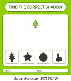 Find the correct shadows game with christmas tree. worksheet for preschool kids, kids activity sheet