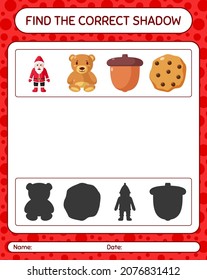 Finden Sie das richtige Schattenspiel mit Weihnachtssymbol. Arbeitsblatt für Vorschulkinder, Kinderaktivität