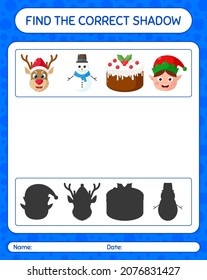 Find the correct shadows game with christmas icon. worksheet for preschool kids, kids activity sheet