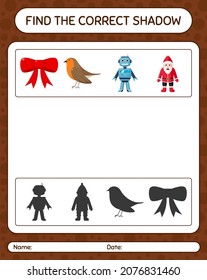 Find the correct shadows game with christmas icon. worksheet for preschool kids, kids activity sheet
