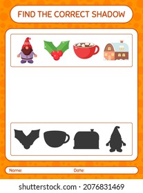 Find the correct shadows game with christmas icon. worksheet for preschool kids, kids activity sheet