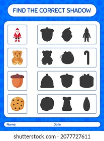 Find the correct shadows game with christmas icon. worksheet for preschool kids, kids activity sheet