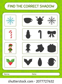 Find the correct shadows game with christmas icon. worksheet for preschool kids, kids activity sheet