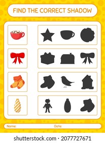 Find the correct shadows game with christmas icon. worksheet for preschool kids, kids activity sheet