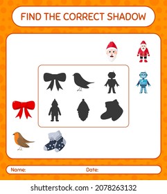 Find the correct shadows game with christmas icon. worksheet for preschool kids, kids activity sheet