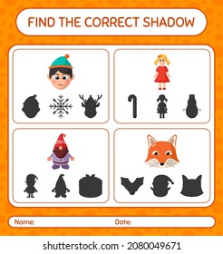Find the correct shadows game with christmas icon. worksheet for preschool kids, kids activity sheet