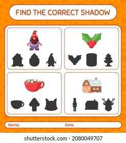 Find the correct shadows game with christmas icon. worksheet for preschool kids, kids activity sheet
