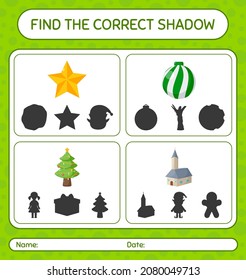 Find the correct shadows game with christmas icon. worksheet for preschool kids, kids activity sheet