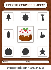 Find the correct shadows game with christmas cake. worksheet for preschool kids, kids activity sheet