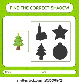 Find the correct shadows game with christmas tree. worksheet for preschool kids, kids activity sheet