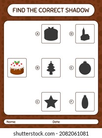 Find the correct shadows game with christmas cake. worksheet for preschool kids, kids activity sheet