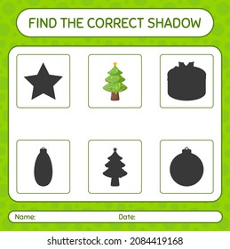 Find the correct shadows game with christmas tree. worksheet for preschool kids, kids activity sheet