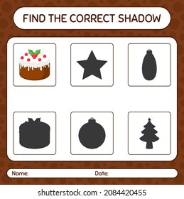 Find the correct shadows game with christmas cake. worksheet for preschool kids, kids activity sheet