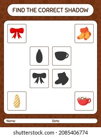 Find the correct shadows game with christmas icon. worksheet for preschool kids, kids activity sheet