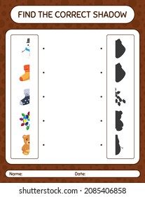 Find the correct shadows game with christmas icon. worksheet for preschool kids, kids activity sheet