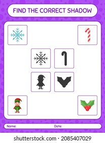 Find The Correct Shadows Game With Christmas Icon. Worksheet For Preschool Kids, Kids Activity Sheet