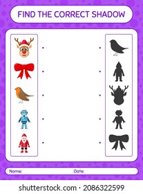 Find the correct shadows game with christmas icon. worksheet for preschool kids, kids activity sheet