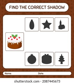 Find the correct shadows game with christmas cake. worksheet for preschool kids, kids activity sheet