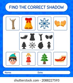Find the correct shadows game with christmas icon. worksheet for preschool kids, kids activity sheet