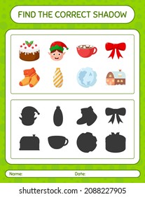 Find the correct shadows game with christmas icon. worksheet for preschool kids, kids activity sheet