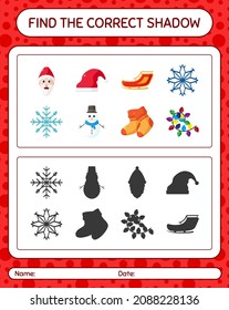 Find the correct shadows game with christmas icon. worksheet for preschool kids, kids activity sheet