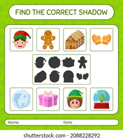 Find the correct shadows game with christmas icon. worksheet for preschool kids, kids activity sheet