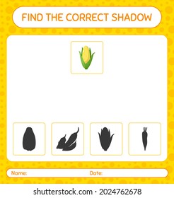 Find the correct shadows game with corn. worksheet for preschool kids, kids activity sheet