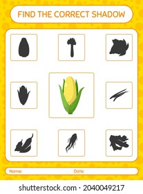 Find the correct shadows game with corn. worksheet for preschool kids, kids activity sheet