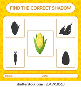 Find the correct shadows game with corn. worksheet for preschool kids, kids activity sheet