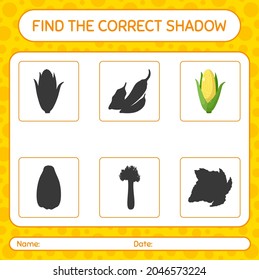 Find the correct shadows game with corn. worksheet for preschool kids, kids activity sheet