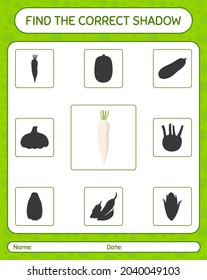 Encuentra el juego de sombras correcto con daikon. hoja de trabajo para niños de preescolar, hoja de actividades para niños