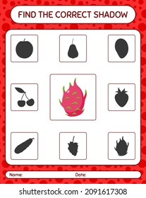 Find the correct shadows game with dragonfruit. worksheet for preschool kids, kids activity sheet