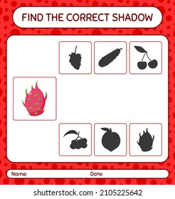 Encuentra el juego de sombras correcto con fruta de dragón. hoja de trabajo para niños de preescolar, hoja de actividades para niños