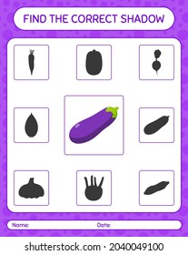 Find the correct shadows game with eggplant. worksheet for preschool kids, kids activity sheet