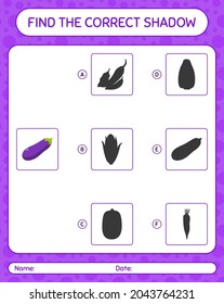 Find the correct shadows game with eggplant. worksheet for preschool kids, kids activity sheet