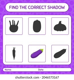 Encuentra el juego de sombras correcto con eggplant. hoja de trabajo para niños de preescolar, hoja de actividades para niños