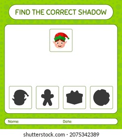 Find the correct shadows game with elf. worksheet for preschool kids, kids activity sheet