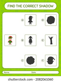 Find the correct shadows game with elf. worksheet for preschool kids, kids activity sheet