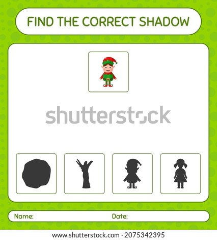 Find the correct shadows game with elf. worksheet for preschool kids, kids activity sheet